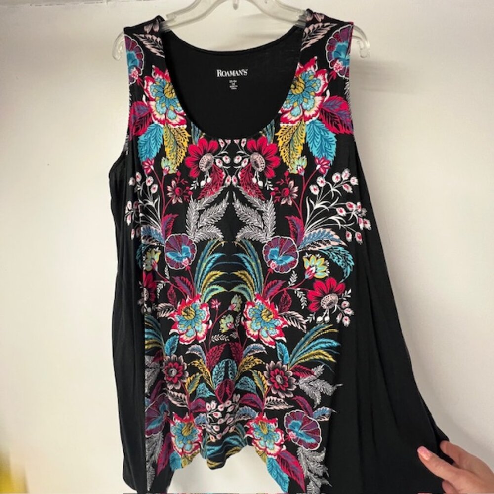 ROAMANS WOMENS SLEEVELESS TUNIC,  BLACK WITH COLORFUL FRONT PANEL, SIZE 22/24 1X